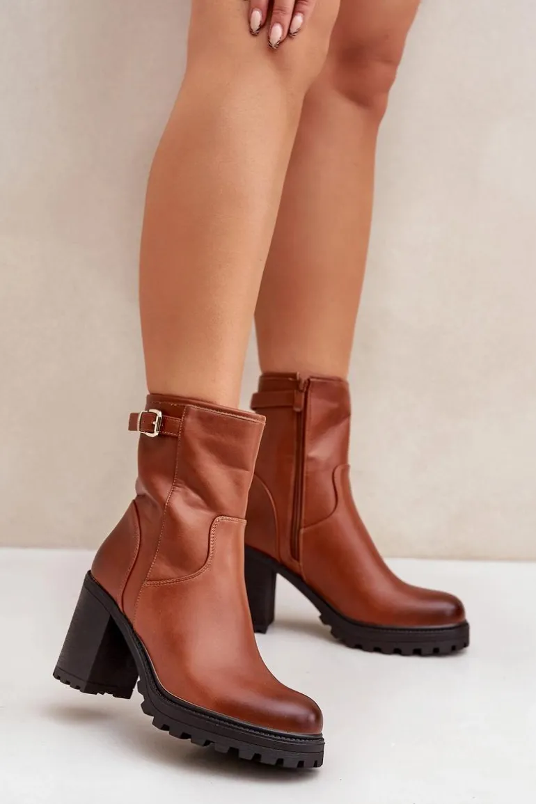 Ocieplane Botki Na Słupku Z Klamrą Brązowe Selavia