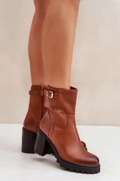 Ocieplane Botki Na Słupku Z Klamrą Brązowe Selavia