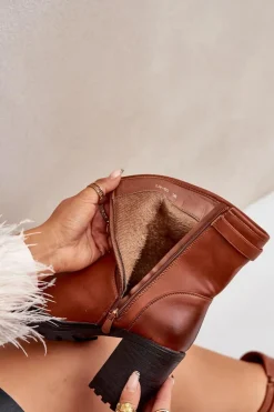 Ocieplane Botki Na Słupku Z Klamrą Brązowe Selavia