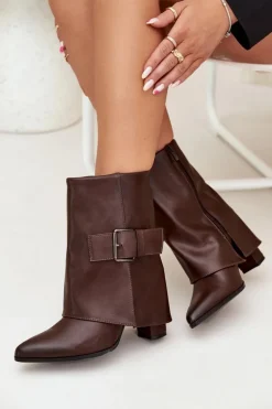 Ocieplane Botki Na Słupku Z Wywiniętą Cholewką I Klamrą Brązowe Ylenara