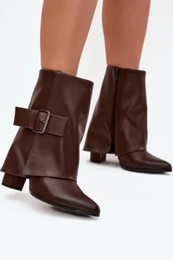 Ocieplane Botki Na Słupku Z Wywiniętą Cholewką I Klamrą Brązowe Ylenara