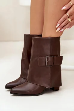 Ocieplane Botki Na Słupku Z Wywiniętą Cholewką I Klamrą Brązowe Ylenara