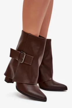 Ocieplane Botki Na Słupku Z Wywiniętą Cholewką I Klamrą Brązowe Ylenara