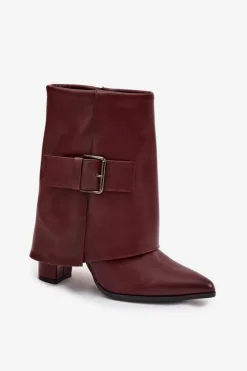 Ocieplane Botki Na Słupku Z Wywiniętą Cholewką I Klamrą Bordowe Ylenara