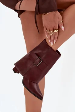 Ocieplane Botki Na Słupku Z Wywiniętą Cholewką I Klamrą Bordowe Ylenara