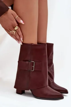 Ocieplane Botki Na Słupku Z Wywiniętą Cholewką I Klamrą Bordowe Ylenara