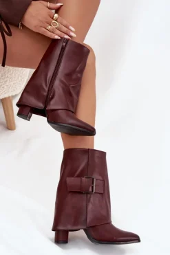 Ocieplane Botki Na Słupku Z Wywiniętą Cholewką I Klamrą Bordowe Ylenara