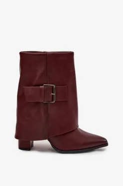 Ocieplane Botki Na Słupku Z Wywiniętą Cholewką I Klamrą Bordowe Ylenara