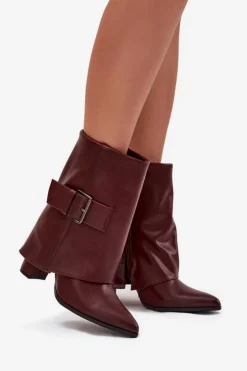 Ocieplane Botki Na Słupku Z Wywiniętą Cholewką I Klamrą Bordowe Ylenara