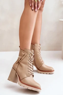 Ocieplane Botki Na Słupku Ze Złotym Detalem Beżowe Ivarisse