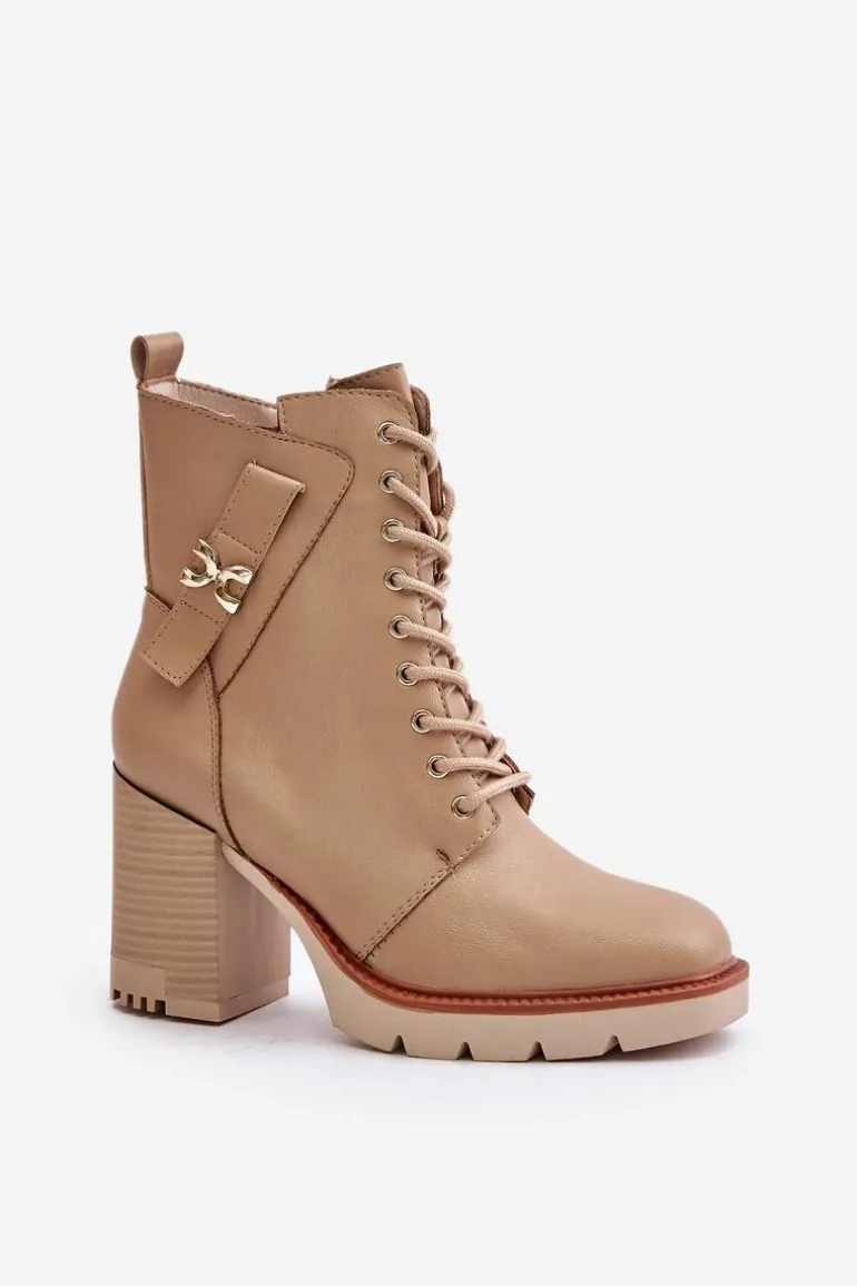 Ocieplane Botki Na Słupku Ze Złotym Detalem Beżowe Ivarisse