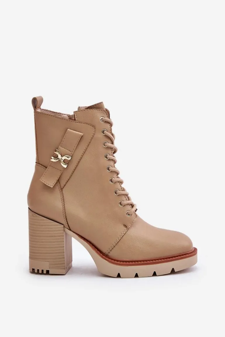 Ocieplane Botki Na Słupku Ze Złotym Detalem Beżowe Ivarisse