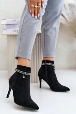 Ocieplane Botki Na Szpilce Z Ozdobnym Paskiem Eko Zamszowe Vinceza 16469 Czarne