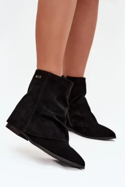 Ocieplane Botki Na Ukrytym Koturnie Z Wywiniętą Cholewką Eko Zamszowe Czarne Tavella