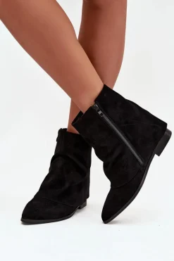 Ocieplane Botki Na Ukrytym Koturnie Z Wywiniętą Cholewką Eko Zamszowe Czarne Tavella