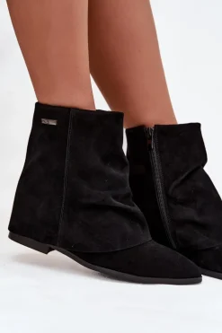 Ocieplane Botki Na Ukrytym Koturnie Z Wywiniętą Cholewką Eko Zamszowe Czarne Tavella