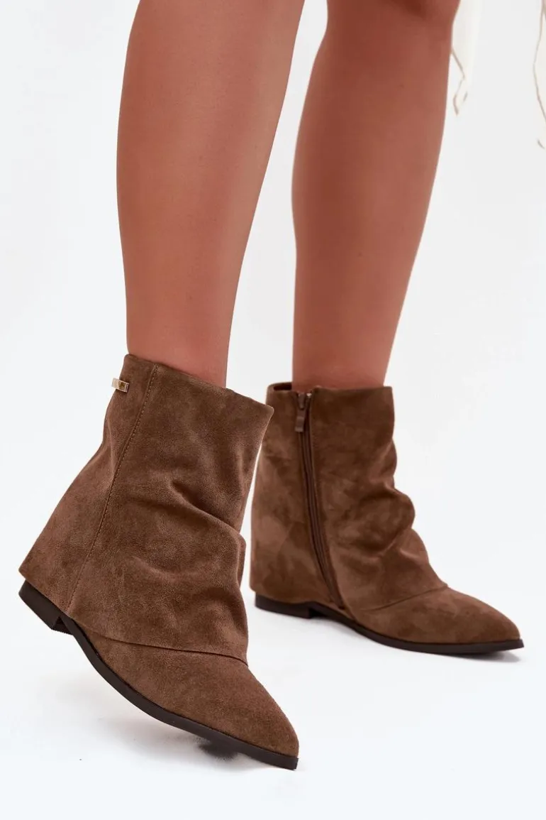 Ocieplane Botki Na Ukrytym Koturnie Z Wywiniętą Cholewką Eko Zamszowe Brązowe Tavella