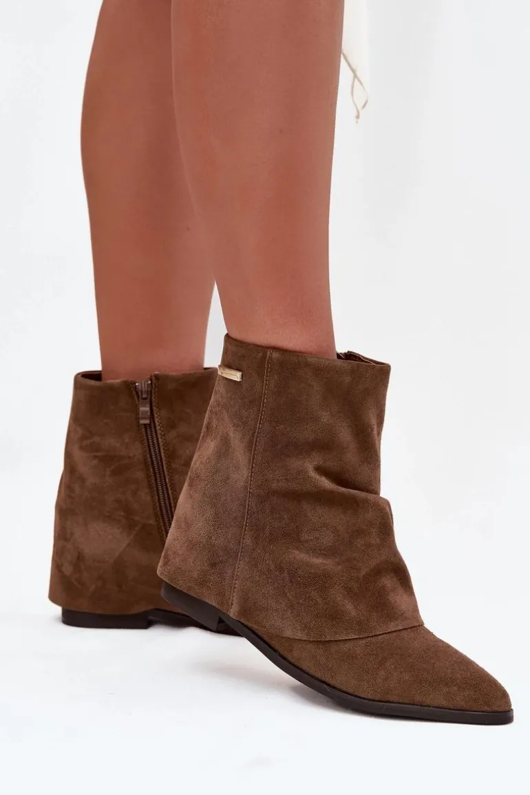 Ocieplane Botki Na Ukrytym Koturnie Z Wywiniętą Cholewką Eko Zamszowe Brązowe Tavella