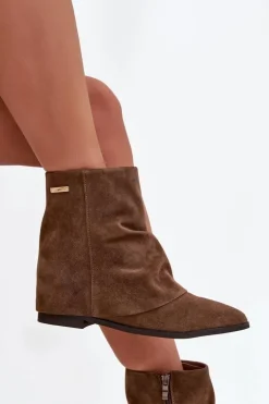 Ocieplane Botki Na Ukrytym Koturnie Z Wywiniętą Cholewką Eko Zamszowe Brązowe Tavella