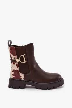 Ocieplane Botki Sztyblety Damskie Ze Złotym Detalem W Łaty Brązowe Priscilla