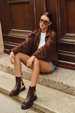 Ocieplane Botki Sztyblety Damskie Ze Złotym Detalem W Łaty Brązowe Priscilla