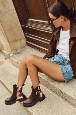 Ocieplane Botki Sztyblety Damskie Ze Złotym Detalem W Łaty Brązowe Priscilla