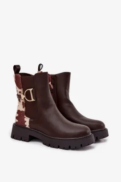 Ocieplane Botki Sztyblety Damskie Ze Złotym Detalem W Łaty Brązowe Priscilla