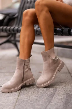 Ocieplane Botki Sztyblety Na Zamek Z Ozdobnym Paskiem Beżowe Labenne