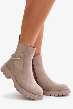 Ocieplane Botki Sztyblety Na Zamek Z Ozdobnym Paskiem Beżowe Labenne