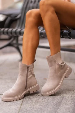 Ocieplane Botki Sztyblety Na Zamek Z Ozdobnym Paskiem Beżowe Labenne