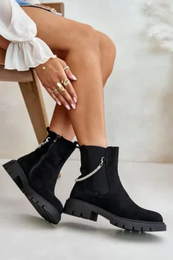Ocieplane Botki Sztyblety Na Zamek Z Ozdobnym Paskiem Czarne Labenne