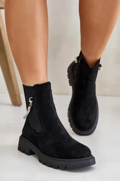 Ocieplane Botki Sztyblety Na Zamek Z Ozdobnym Paskiem Czarne Labenne