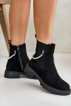 Ocieplane Botki Sztyblety Na Zamek Z Ozdobnym Paskiem Czarne Labenne