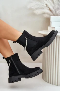 Ocieplane Botki Sztyblety Na Zamek Z Ozdobnym Paskiem Czarne Labenne