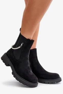 Ocieplane Botki Sztyblety Na Zamek Z Ozdobnym Paskiem Czarne Labenne