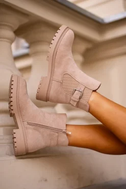 Ocieplane Botki Sztyblety Na Zamek Z Klamrą Beżowe Kikiella