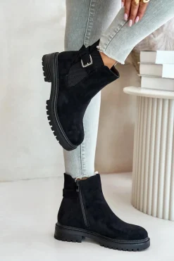 Ocieplane Botki Sztyblety Na Zamek Z Klamrą Czarne Kikiella