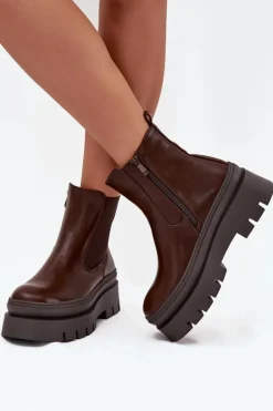 Ocieplane Botki Sztyblety Damskie Na Platformie Czekoladowe Ismira