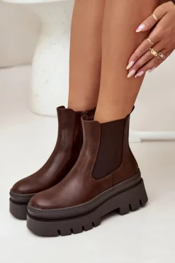 Ocieplane Botki Sztyblety Damskie Na Platformie Czekoladowe Ismira