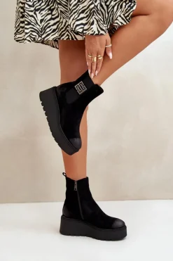 Ocieplane Botki Sztyblety Damskie Na Koturnie I Platformie Z Eko Zamszu Czarne Vinceza 58339