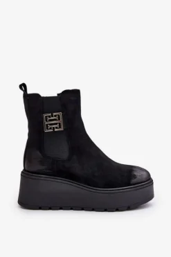 Ocieplane Botki Sztyblety Damskie Na Koturnie I Platformie Z Eko Zamszu Czarne Vinceza 58339