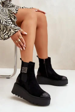 Ocieplane Botki Sztyblety Damskie Na Koturnie I Platformie Z Eko Zamszu Czarne Vinceza 58339