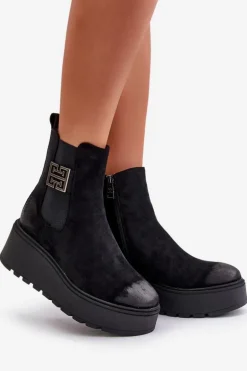 Ocieplane Botki Sztyblety Damskie Na Koturnie I Platformie Z Eko Zamszu Czarne Vinceza 58339