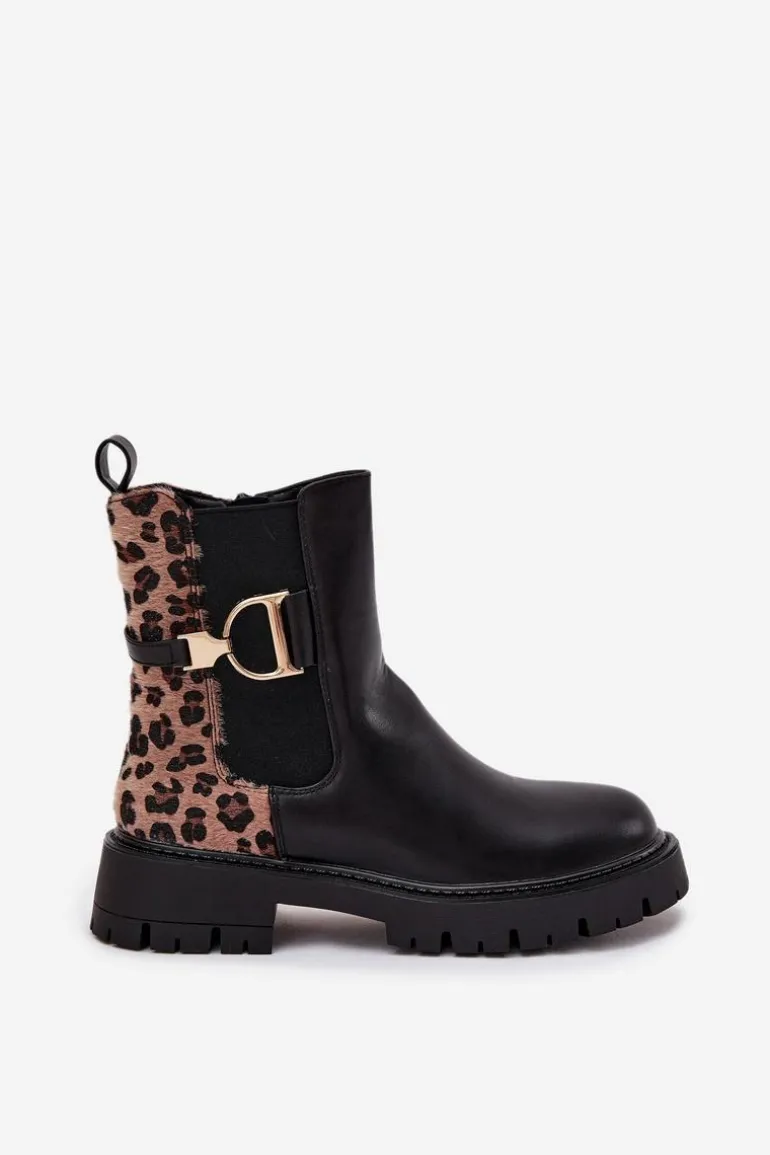 Ocieplane Botki Sztyblety Damskie Ze Złotym Detalem Panterka Czarne Priscilla