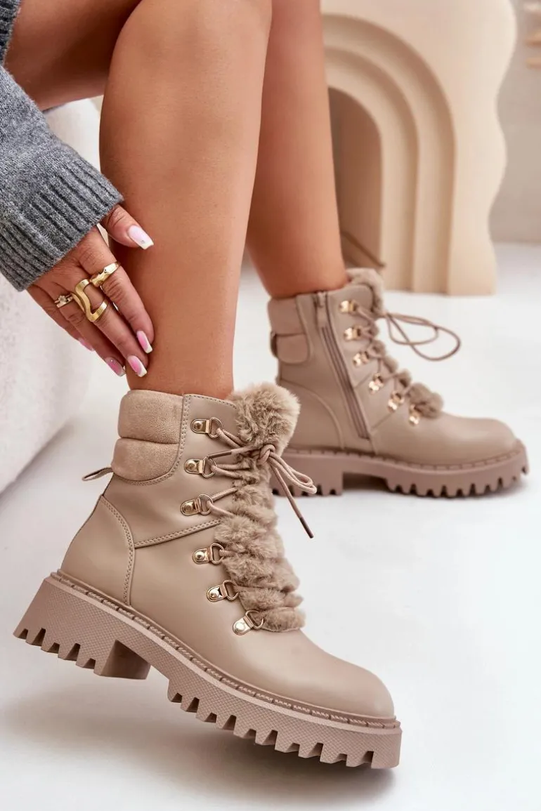 Ocieplane Botki Trapery Na Zamek Z Eko Skóry Beżowe Willatta