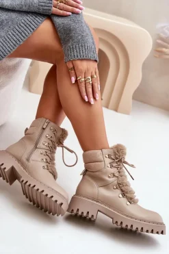 Ocieplane Botki Trapery Na Zamek Z Eko Skóry Beżowe Willatta