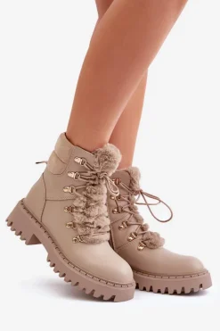 Ocieplane Botki Trapery Na Zamek Z Eko Skóry Beżowe Willatta