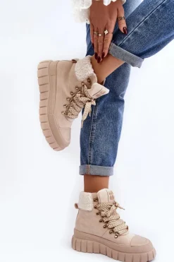 Ocieplane Botki Trapery Na Grubej Podeszwie Jasnobeżowe Ralotta