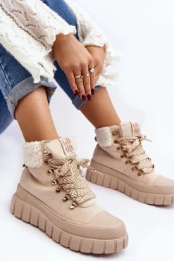 Ocieplane Botki Trapery Na Grubej Podeszwie Jasnobeżowe Ralotta
