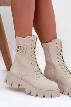 Ocieplane Botki Wokrery Damskie Z Ozdobą Jasnobeżowe Melisse